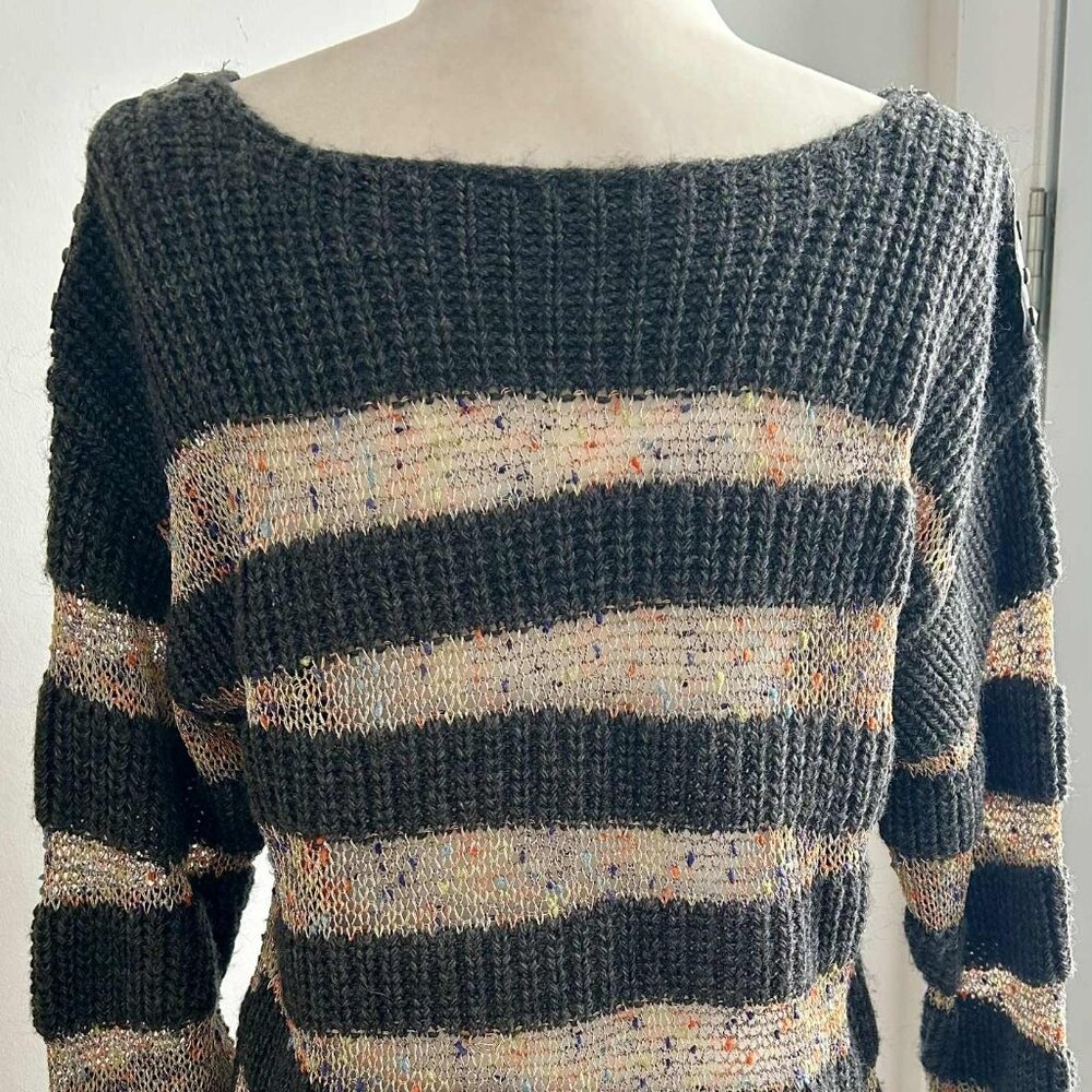 Tricotto Charcoal & Metallic Open-Knit Stripe Sweater w/ Shoulder Zippers - US M - Picture 8 of 16